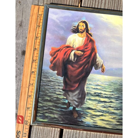 Vintage Jesus Walking On Water Print Gold Tone Metal Frame 9"x 11" - Picture 5 of 6